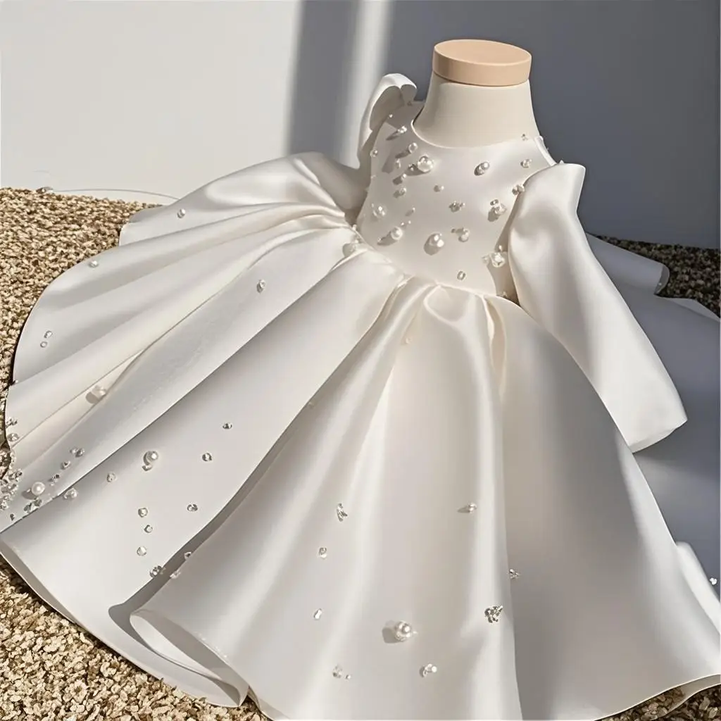 

Custom Elegant Satin Flower Girl Wedding Dress Long Sleeve Baby Girl Princess Vintage Party, Pageant, Birthday, Baptism Dress
