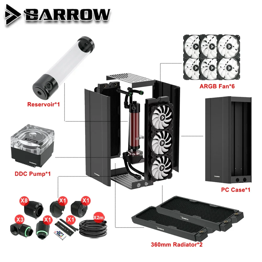 Barrow External Water Cooling Dock ITX Case Supports Dual 240 360mm Radiator+DDC Pump Reservoir+FAN+Soft tube Fitting ARGB EXWCA