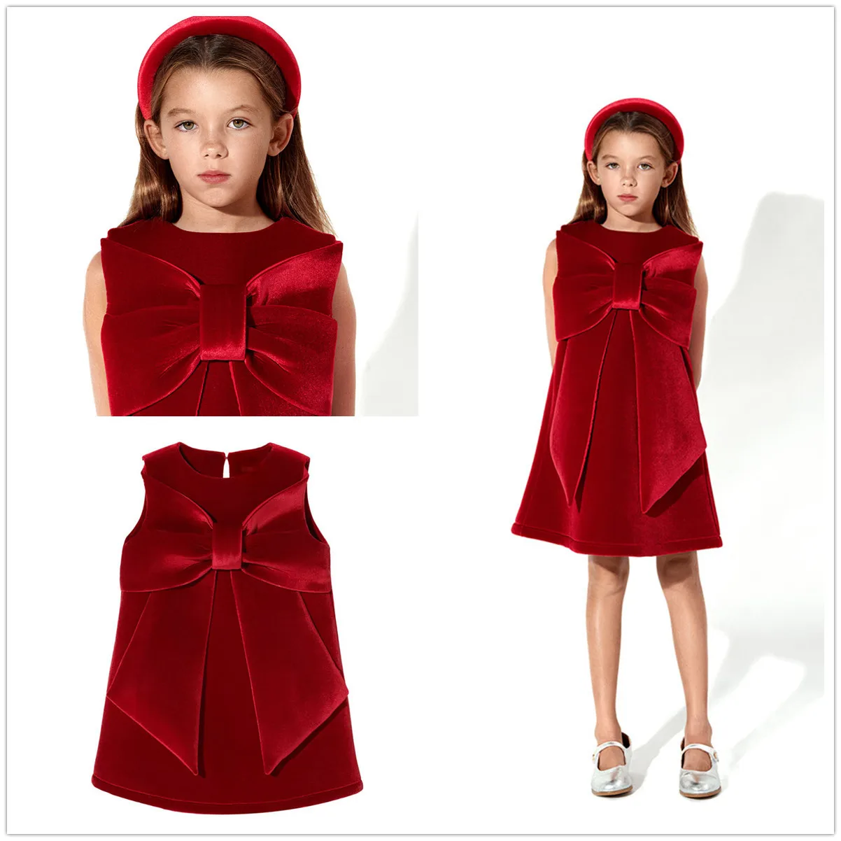 

Fashion Girls Christmas Red Party Dress Big Bow Vest Dress Corduroy Girls New Year Greeting Dress 1-6T