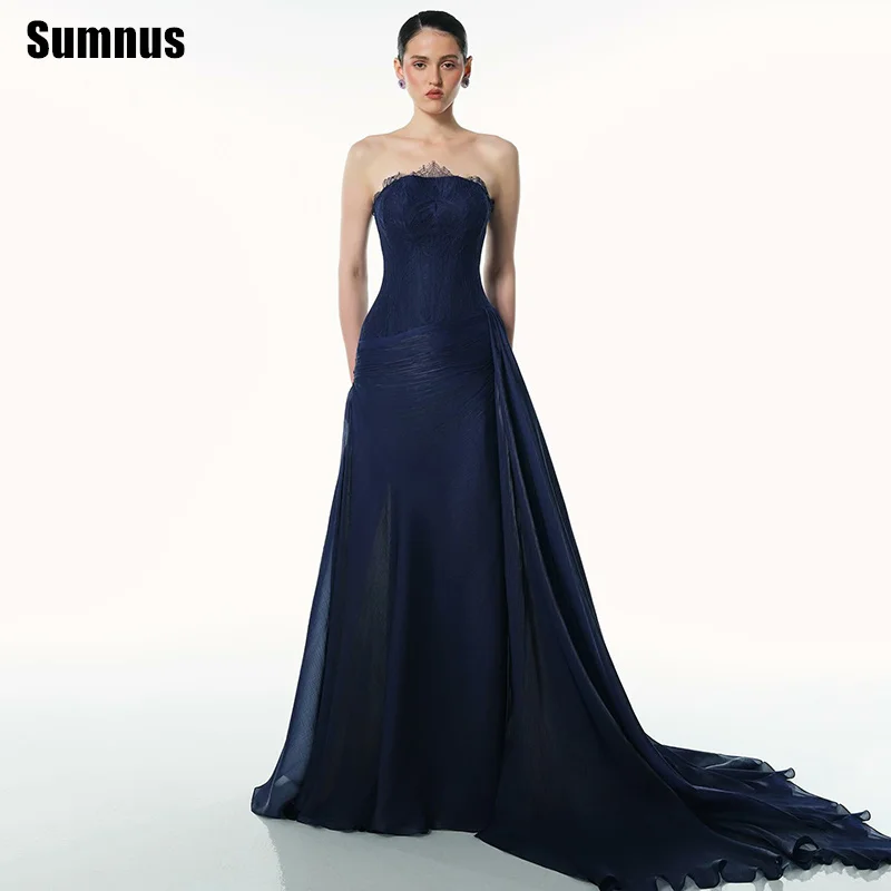 

Sumnus Элегантные темно-синие вечерние платья трапециевидной формы длиной до пола, кружевные вечерние платья без бретелек по индивидуальному заказу فساتين سهرة