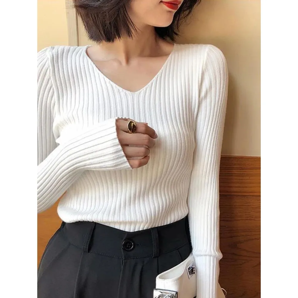 

Autumn Winter Women's Rib Knit V Ne Stripe Pull S Sweater Comfortable Soft Material Faionable Casual Sle for Ladies