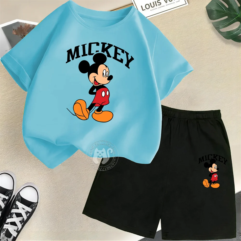 Disney Mickey Mouse Minnie Printed 100% Cotton T-shirt+Shorts Summer Short sleeved Boys and Girls Round Neck Children\'s Set