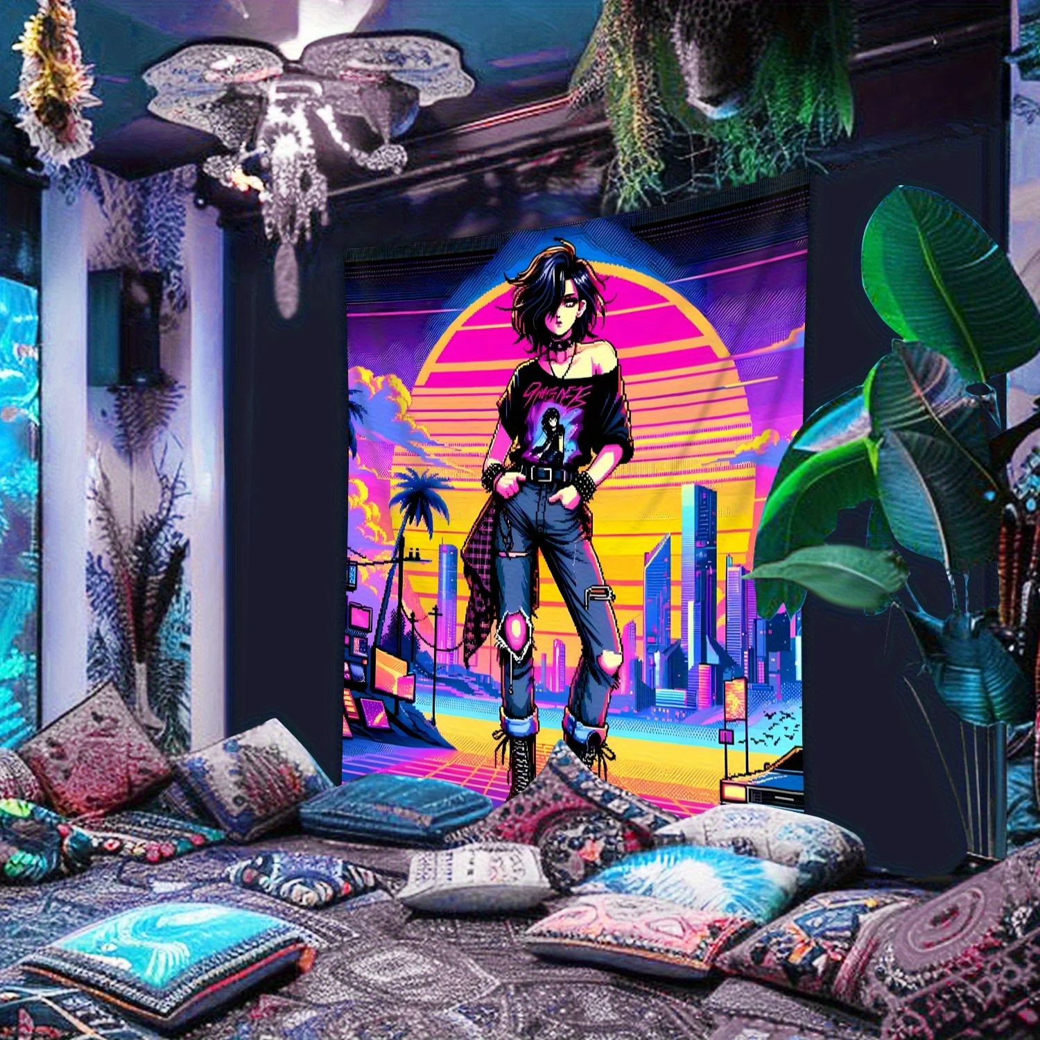 Retro Futuristic City Tapestry, Vibrant 80s Style Wall Art for Bedroom or Living Room, Large Decorative Hanging, Add Neon Vibes