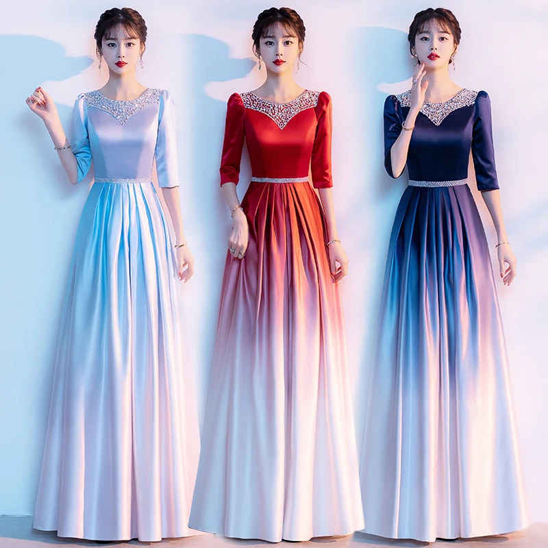 

Длинное вечернее платье для женщин, сценический костюм, атласное, градиентного цвета, для хора, современных танцев, наряд для взрослых
