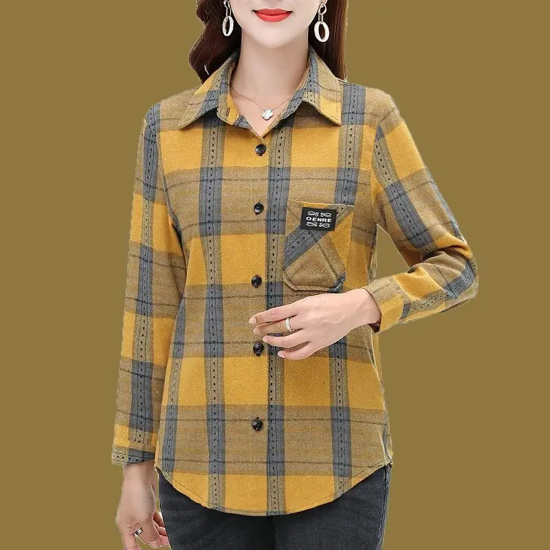 Women\'s Spring and Autumn Fashion POLO Collar Plaid Button Pocket Casual Versatile Long Sleeve Slim Fit Mid Length Shirt Tops