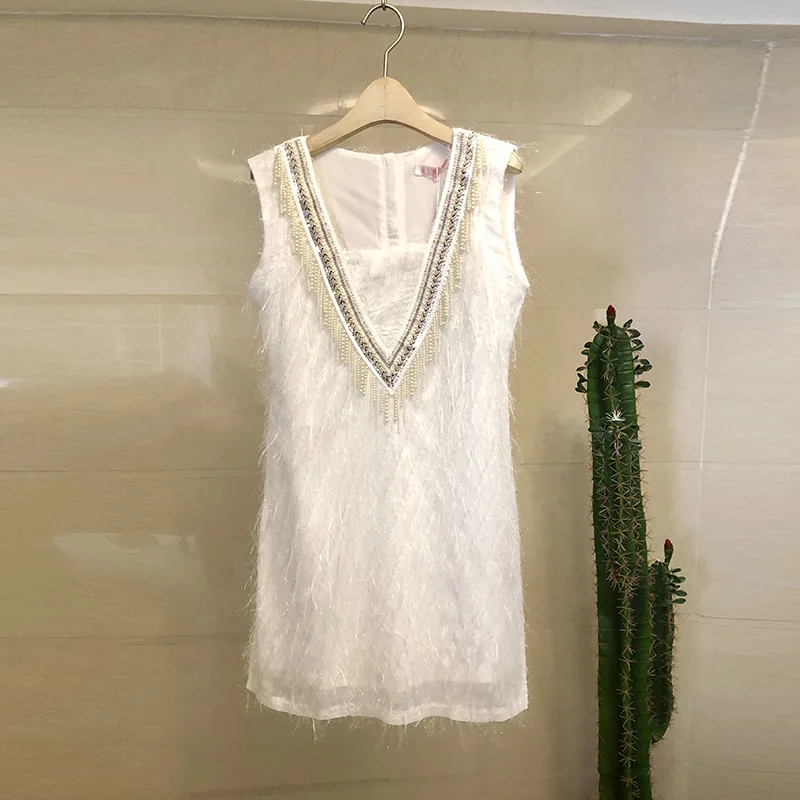 

V-neck Beaded Small Fragrance Sleeveless Dress Loose Fashion Shiny Tassel Party Sweet Elegant White Pink Dress Women Summer