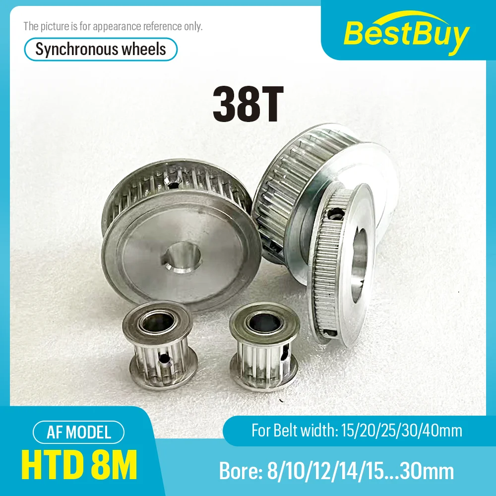

HTD 8M Synchronous Pulley 38 Teeth Bore 8-30mm Pitch 8 mm Slot Width 16/21/27/32/42 mm For 15/20/25/30/40mm 8M Timing Belt