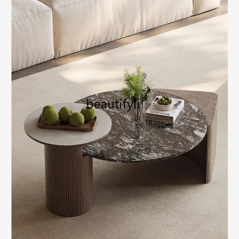 

Italian Minimalist Coffee Table Home Living Room Small Apartment Marble round Silent Style Designer Tempered Glass Art