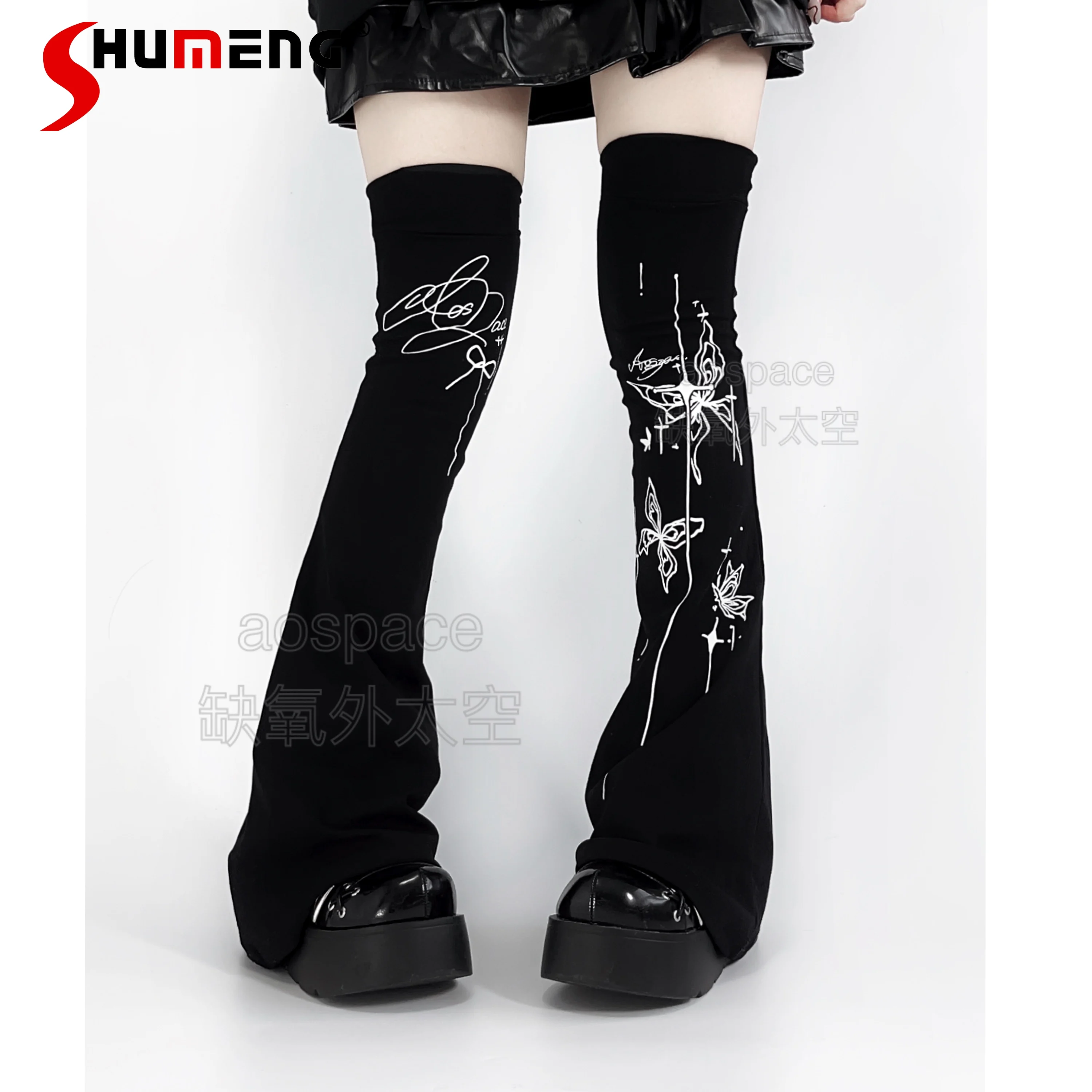 

Japanese Original Subculture Harajuku Butterfly Print Knee Piling Slight Horn High Leg Cover Thigh High Socks Legs Warmer Women