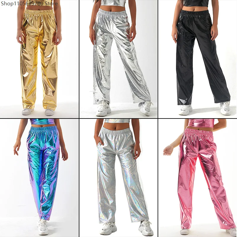 2026 Damen Reflektierende Holografische Metallic Straight-Leg-Hose mit Elastischem Bund Disco Jogger Hose Clubwear Cosplay Party Kostüm