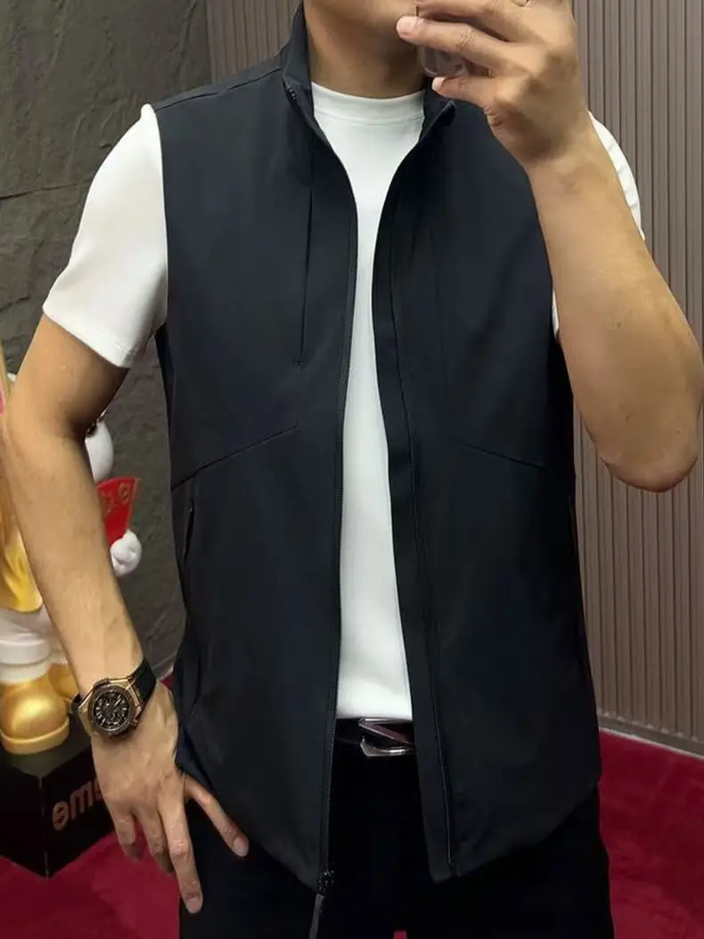 

Мужской весенний тонкий хлопковый жилет с воротником-стойкой, модный, повседневный, универсальный, высокого качества, приталенный крой, для молодежи, из полиэстера.