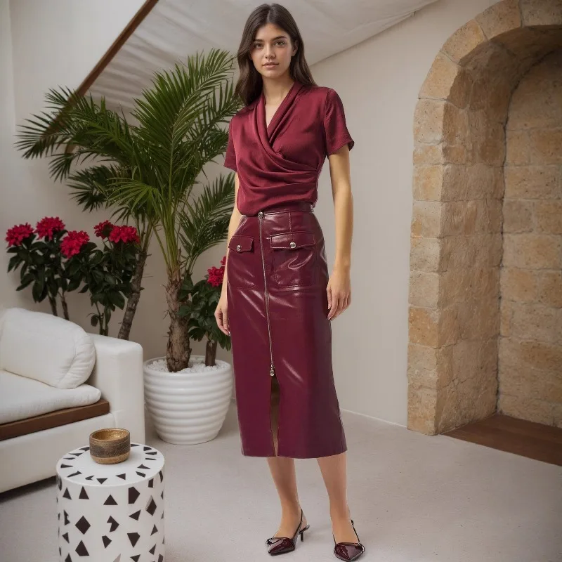 

Осенняя новая облегающая юбка средней длины с высокой талией и металлической молнией Элегантная полуюбка из искусственной кожи Прямая юбка в стиле пэчворк