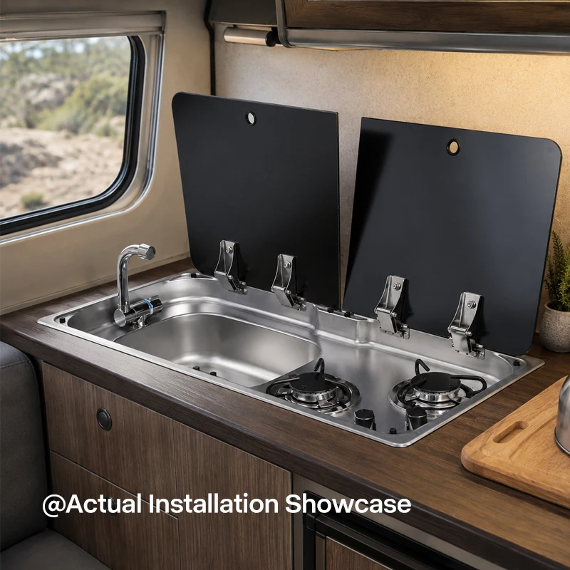 304 Stainless Steel RV Sink With Double Burner Gas Stove Glass Lid Camper Caravan Boat Kitchen Combo