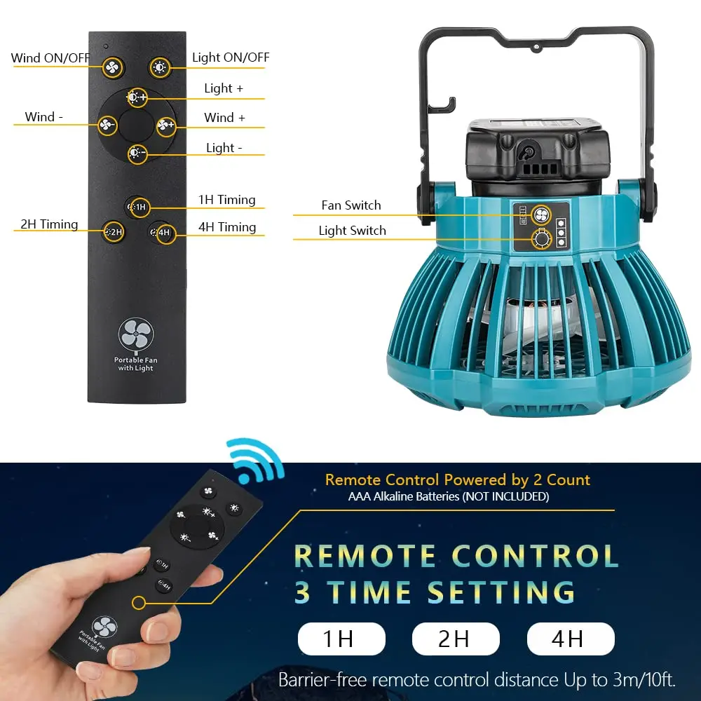 Tragbarer kabelloser Campingventilator mit Fernbedienung und LED-Leuchten für Bosch 18 V Li-Ion-Akku für Autoreparatur und Notfall