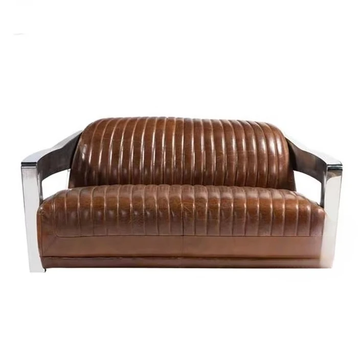 Aviation Furniture Retro Vintage Genuine Leather Sofa with Stainless Steel Arm Living Room Hotel Lobby Club Sofa 3seater