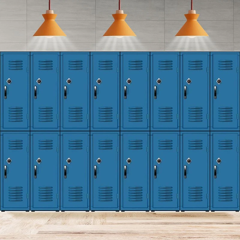 Storage Cabinets Photography Background Blue Metal School Gym Black Handles Locks Stadium Locker Room Party Backdrop Wall Banner