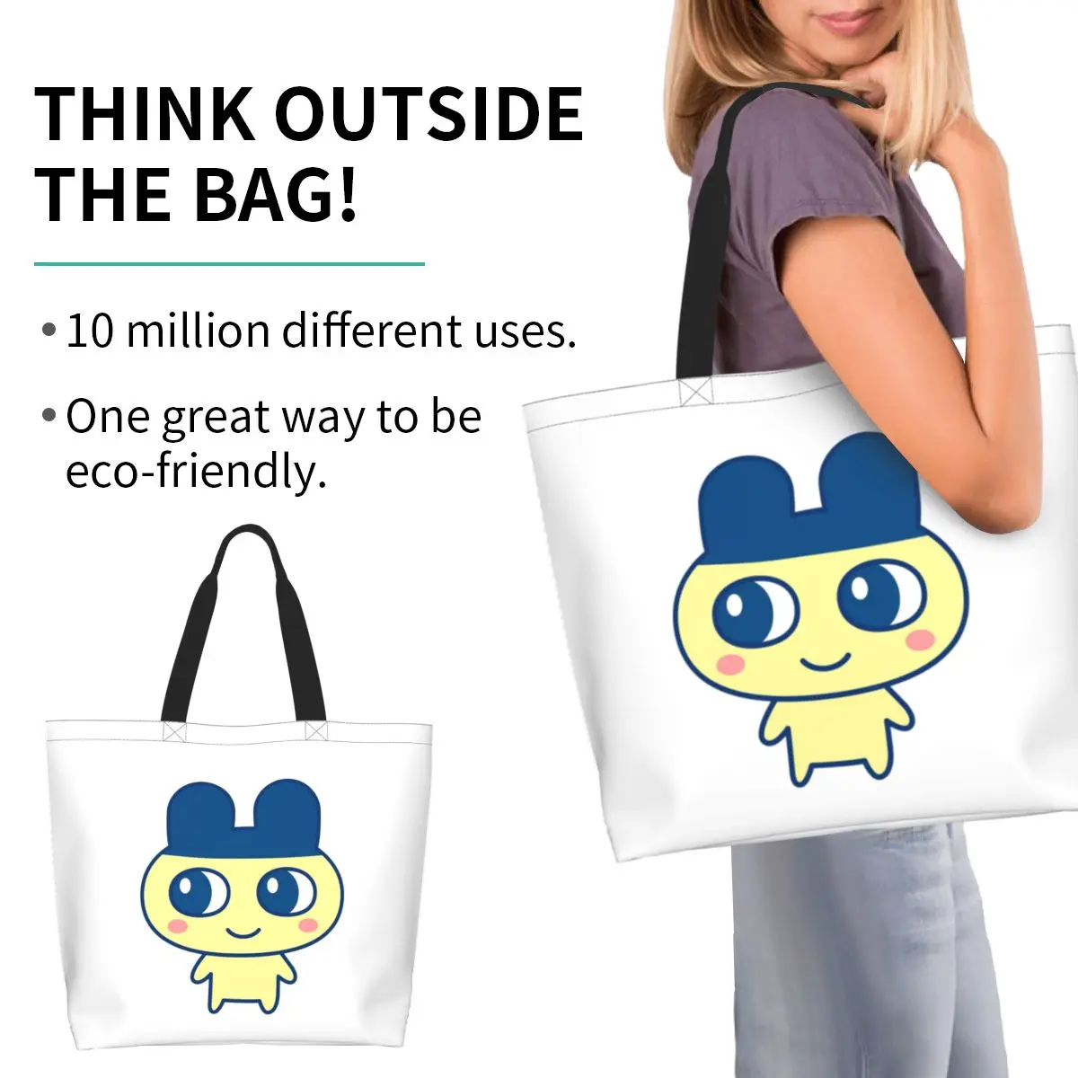 Tamagotchi Mametchi Shopping Tote Bag Canvas Large Capacity Shoulder Bags Shopper Grocery Handbag for Women
