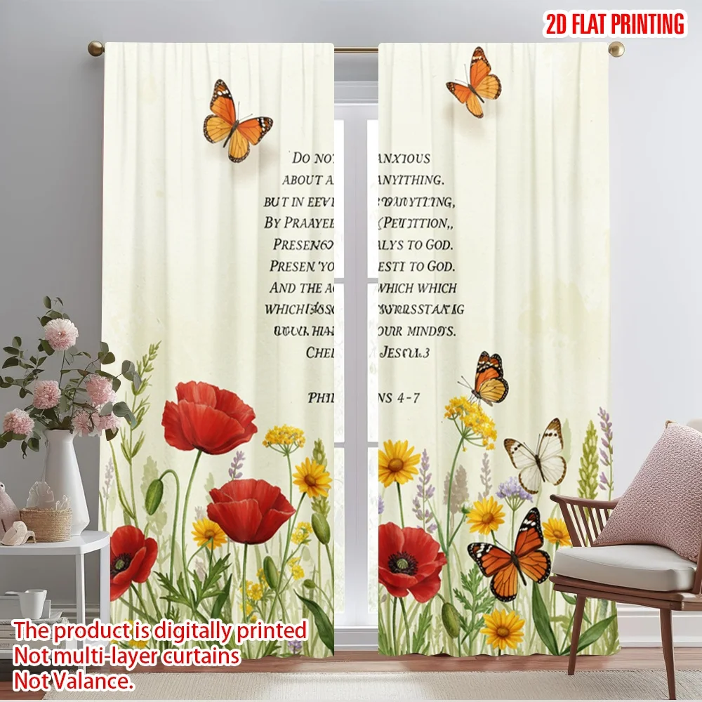 

2pcs 2D flat printing Drapes Floral Butterflies God's Peace 100% Polyester Without Electricity Birthday Party Perfect for Photo