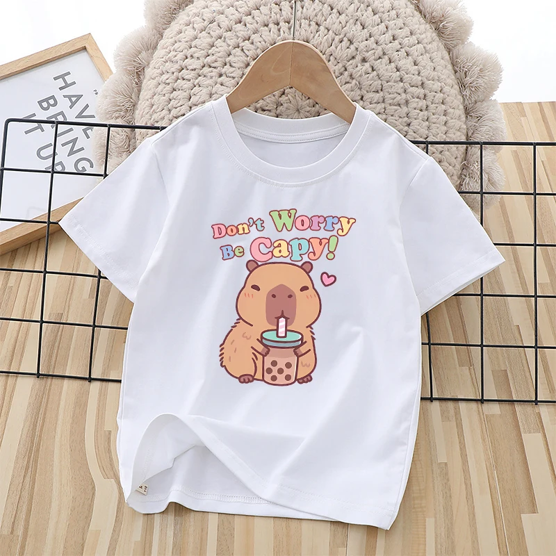 

Capybara Child Short Sleeve T-shirt Girls Cartoon Capybara Letters A-Z Cotton Tops Kawaii Summer Casual Tees Kids Birthday Gifts
