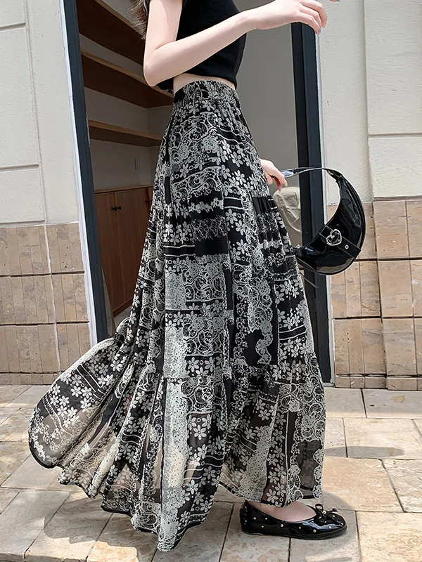 

n Sle Floral Print Chiffon Maxi Skirt Women's Spring Summer A-Line Skirt High Waist Casual Wear for All Body pes