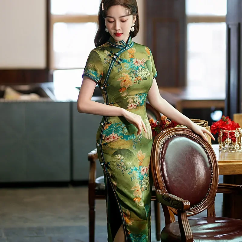 Oversize Print Flower Satin Lady Qipao Traditional Chinese Long Dress Sexy Slim Split Cheongsam Vintgae Classic Oriental Costume