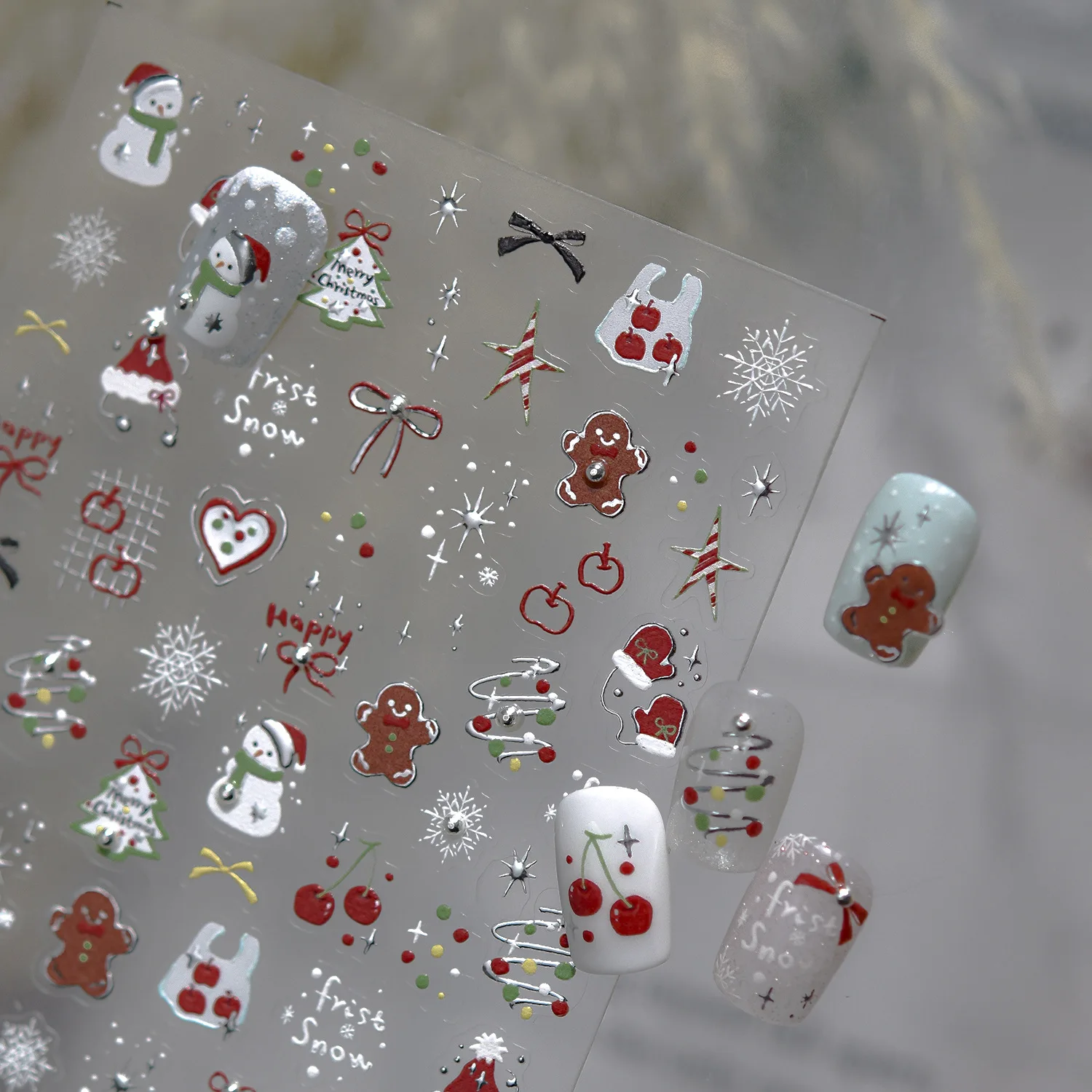 

5D Silver Christmas Tree Snowman Nail Stickers White Snowflakes Bow Star Self-Adhesive Xmas Nail Decals for Festive Fingern
