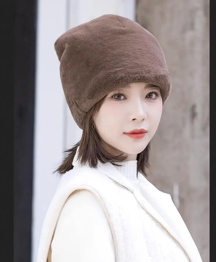 Russian Women Real Rex Rabbit Fur Hat Autumn Winter Cap Girl Warm Soft Fur Caps Headgrear