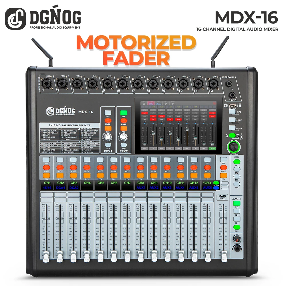 DGNOG MDX-16 Digital Mixer with Motorized Fader, WiFi & Bluetooth Remote Control, DJ Mixer for Studio and Outdoor Performances.
