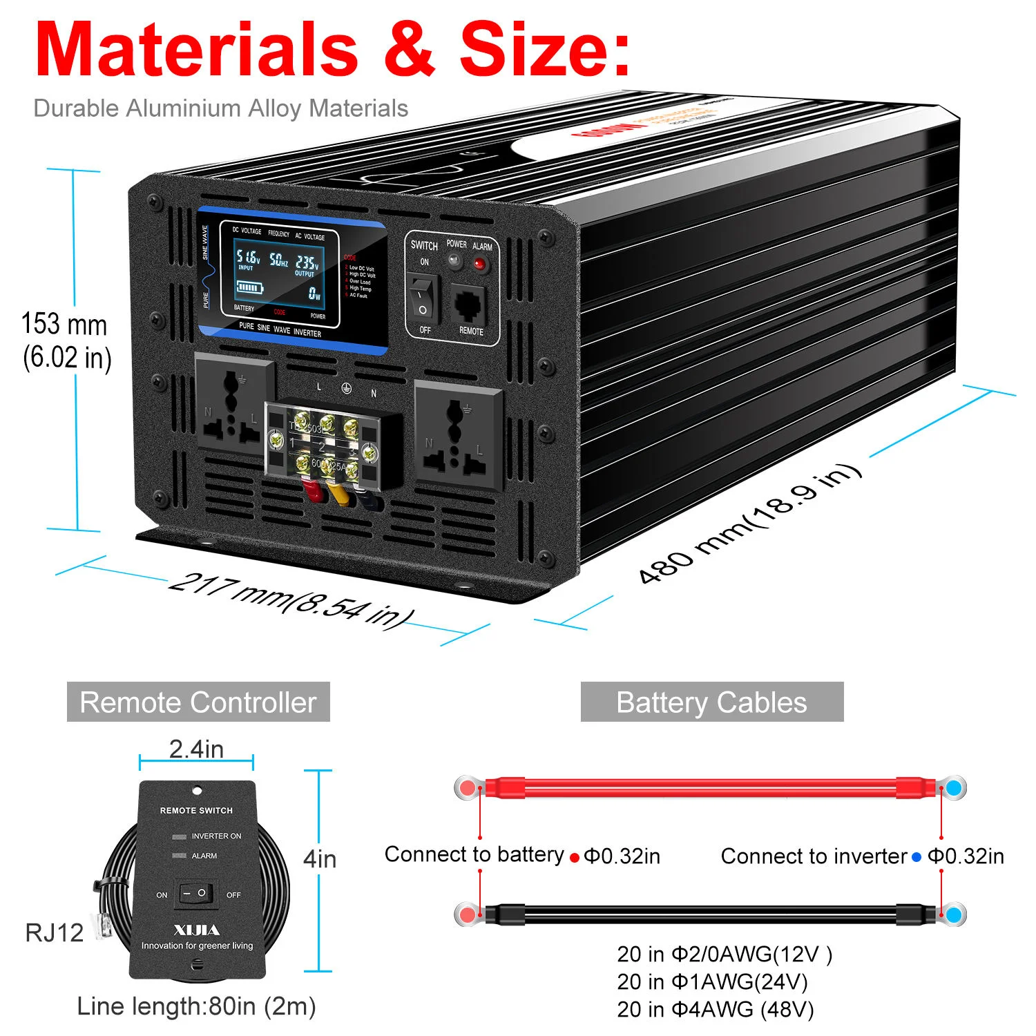 6000W pure sine wave inverter 12v 110v with remote control solar power inverter DC 24v 48v to AC 220v LCD display