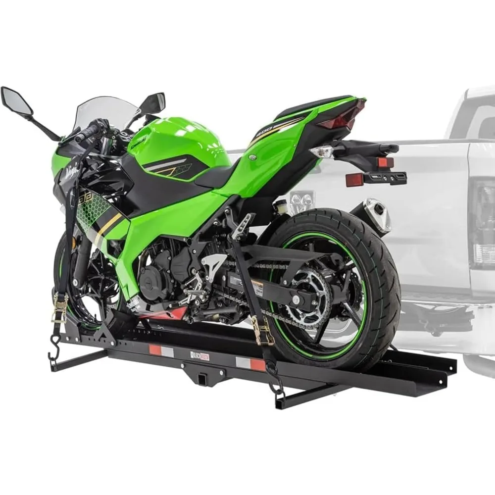 

US Shipping Steel Motorcycle Carrier with Ramp for 2 Inch Hitch 600lb Capacity Dirt Bike Hauler Anti Rattle Grit Coated Track