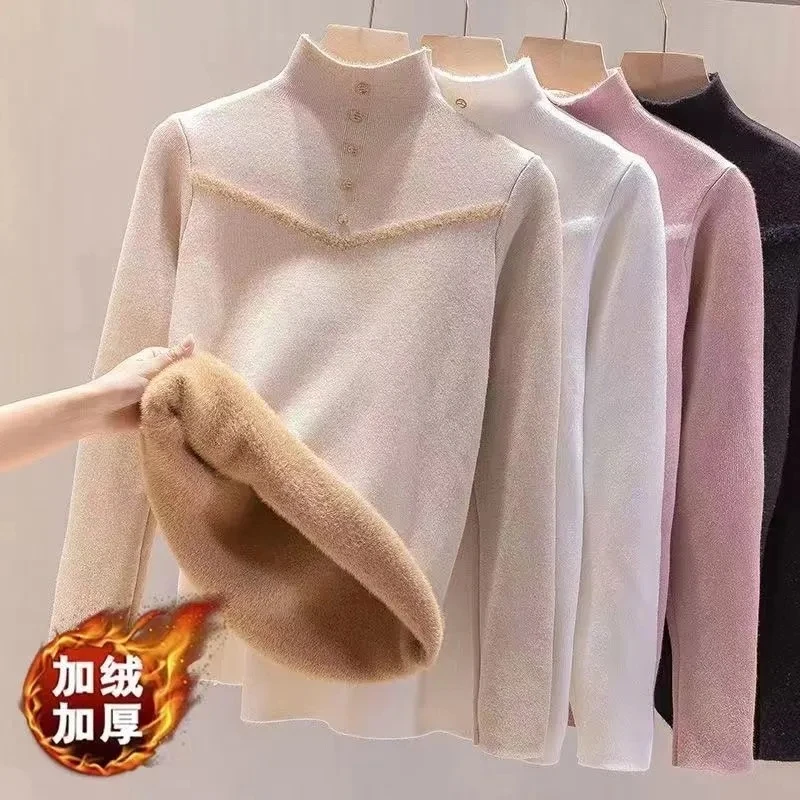 

Fleece Lined Half Turtleneck Sweater Women Winter Warm Thicken Add Velvet Knitted Pullovers Casual Slim Knitwear Long Sleeve Top