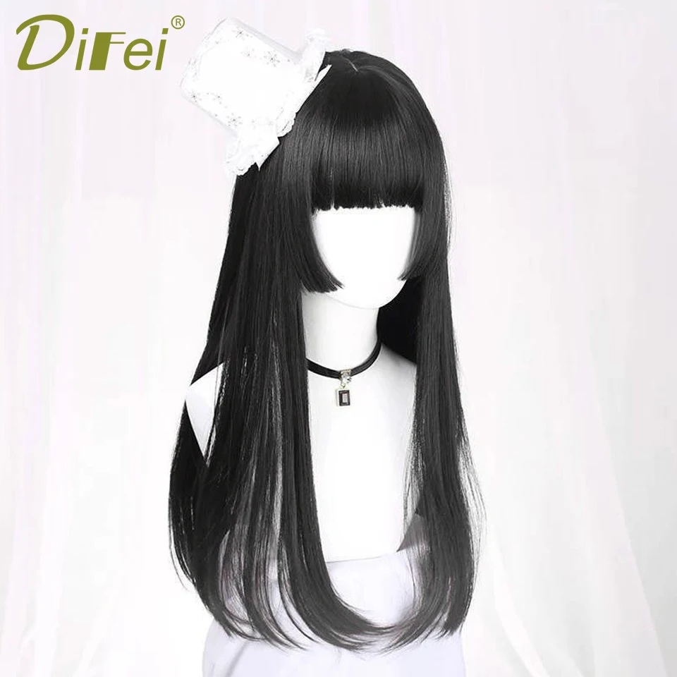 Natural Long Straight Synthetic Black Wig With Bangs Lolita Cosplay Hair Wigs For Women Heat Resistant Fiber Daily Party Wig Fem