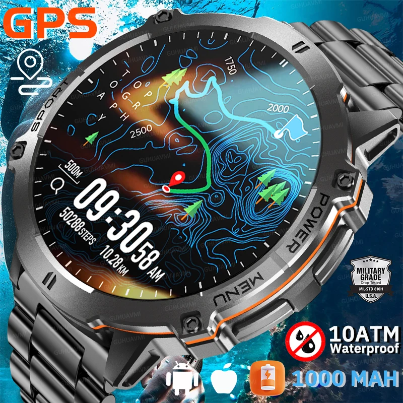 

GUHUAWMI 2025 NEW Men Sports Military GPS Smart Watch 1000 MAH Ultra Iong Battery Bluetooth Call 10ATM Waterproof Compass Watch