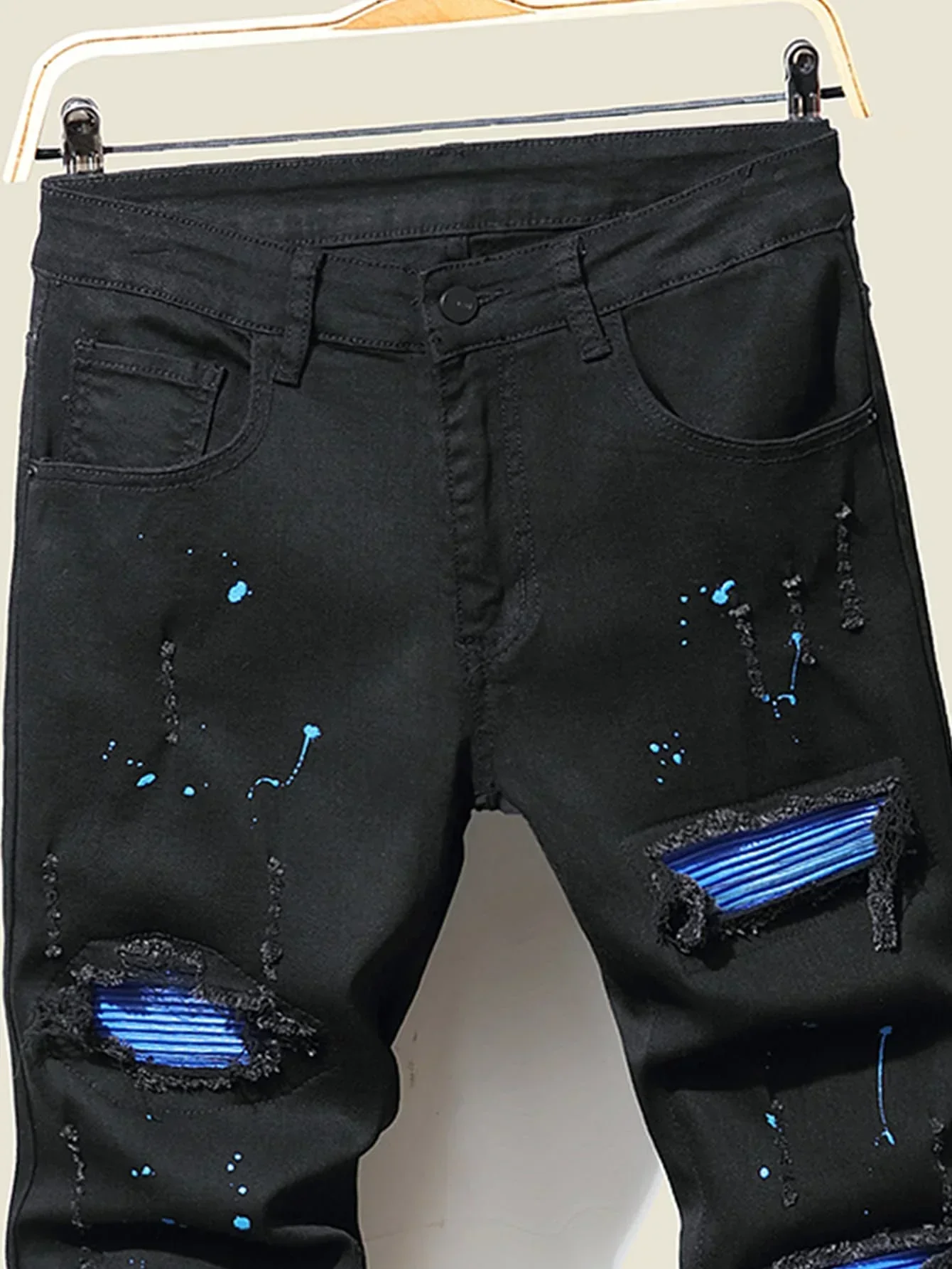 Pantalones vaqueros rasgados para hombre, Jeans ajustados elásticos de retales, estilo Hip Hop, informales, color negro y azul, 2023