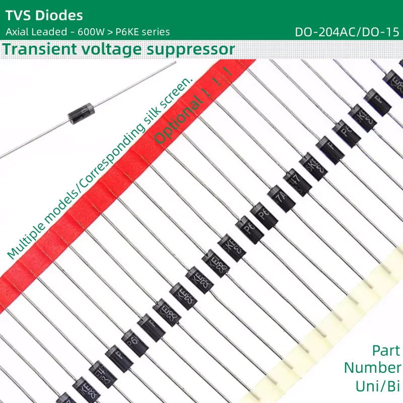 50pcs/lot TVS Diodes DO-204AC/DO-15 package 600W P6KE100A P6KE100CA P6KE110A P6KE1010CA P6KE120A P6KE120CA P6KE130A P6KE130CA