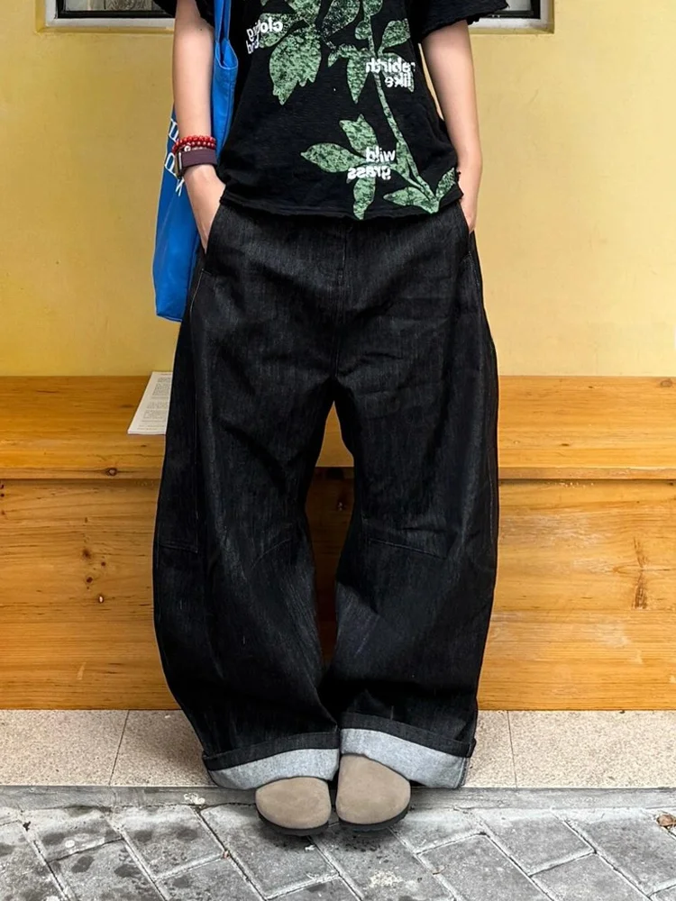 

Американские джинсы в стиле High Street: свободные, в стиле бойфренд, с эффектом потертости, для женщин, в стиле Hot Girl, ретро-дизайн, с плиссировкой на коленях, длинные брюки с высокой талией и застежкой-молнией