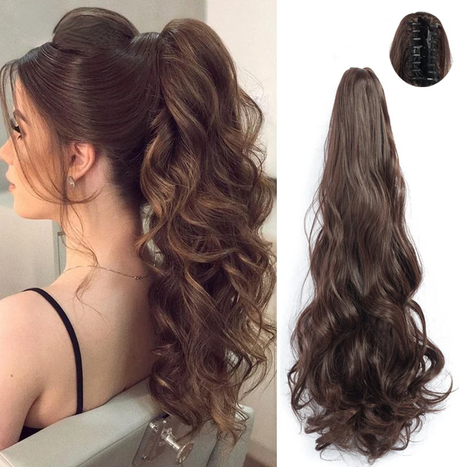 18Inch Long Synthetic Ponytail Grab Clip Curly Wavy Clip in Hairpiece Ponytail Hair Extensions for Women
