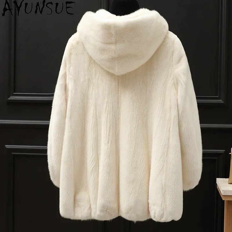 AYUNSUE 2025 Winter New Natural Mink Fur Jacket Woman Hooded Luxury Whole Mink Real Fur Jackets for Woman Clothes Шуба Женская