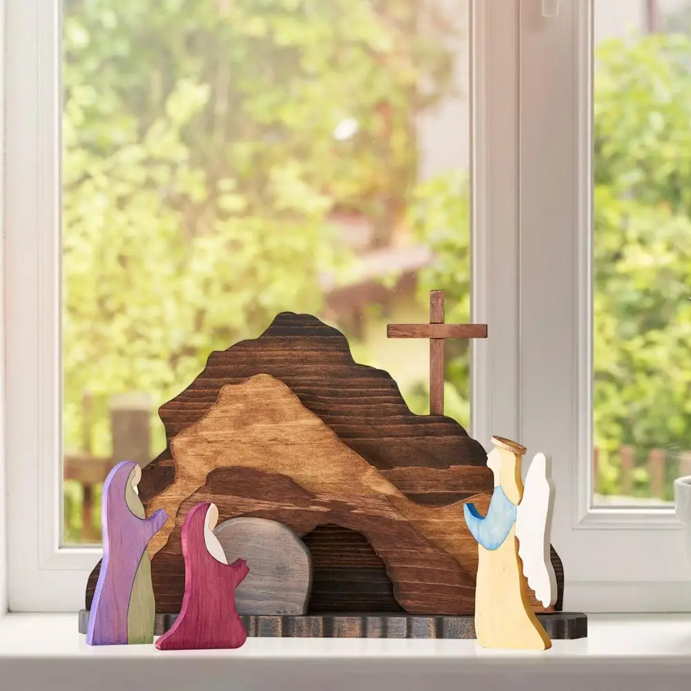 Empty Tomb Scene Spring Easter Decorations Jesus Nativity Resurrection Figurines Set Wooden Cross Christian Catholic Religious G