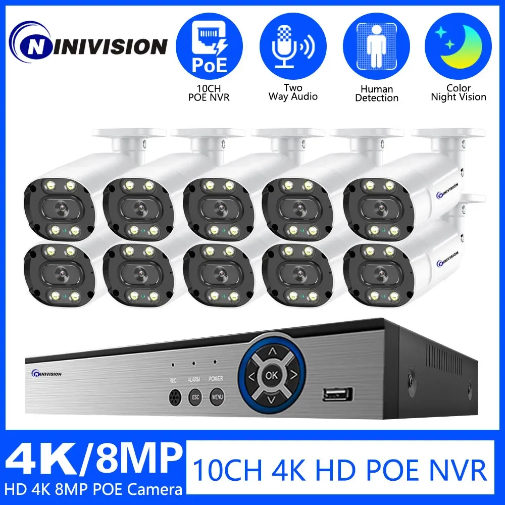 

8CH 4K 8MP Video Surveillance Camera POE Color Night Vision Security Wireless Outdoor CCTV IP NVR Audio Speaker 4CH System Kit