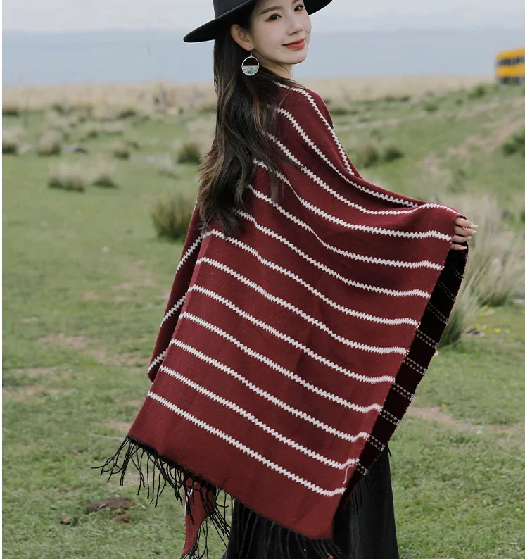 Poncho Cloak Shawl Travel Striped Women's Split Shawl Ethnic Style Knitted Shawl Warm Tassel Windproof Cape Fashion Lady Coat