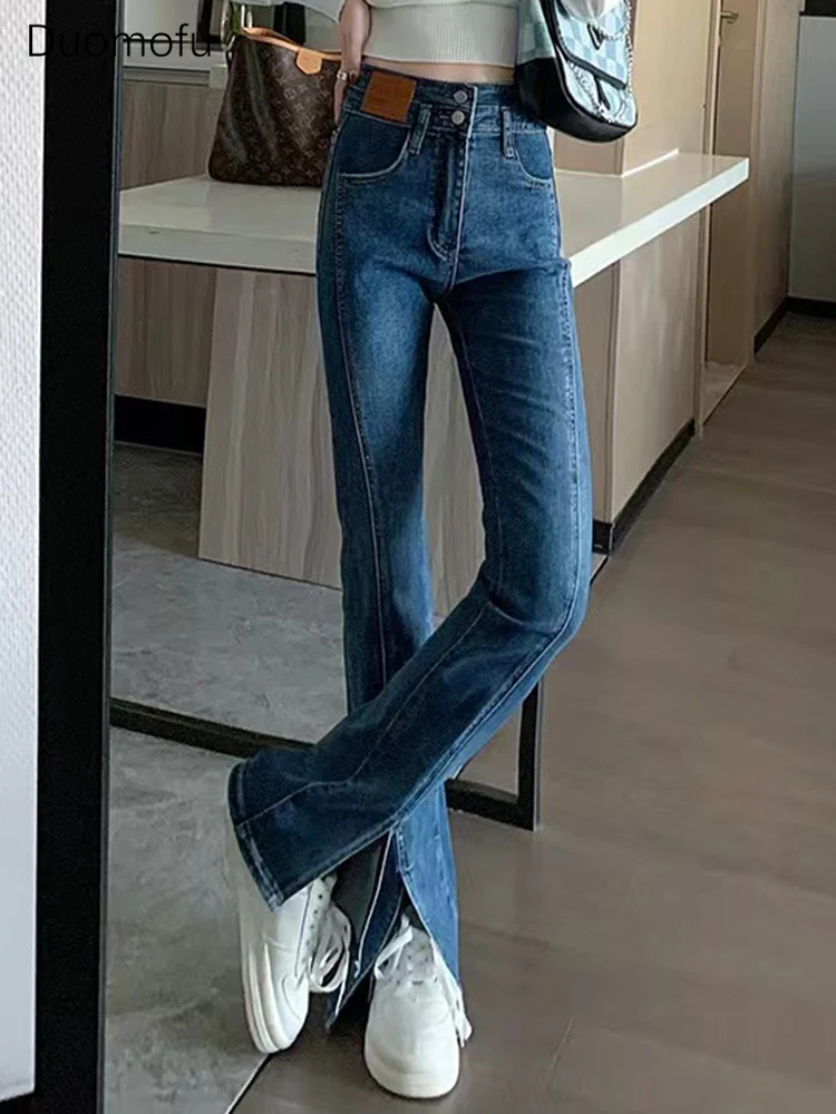 Duomofu Black Classic Split Chic Zipper Button Female Jeans New Basic Full Length Fashion Simple Casual Solid Color Women Jeans