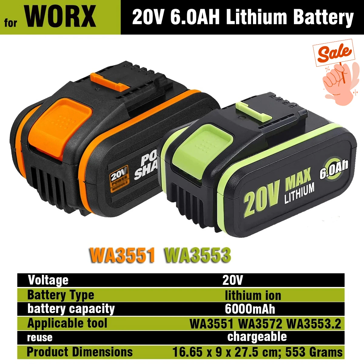 

For Worx 20V 8000mAh WA3551/WA3553 Lithium Battery for Worx WA3553 WX390 WX176 WX178 WX386 WX678 18650 Power Tools battery