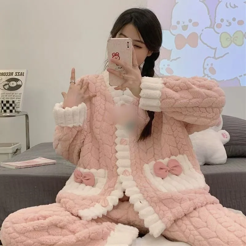 Autumn and Winter New Coral Velvet Lychee Cardigan Pajama Set Home Wear Women's Small Fragrant Style Thick and Loose Sleepwear
