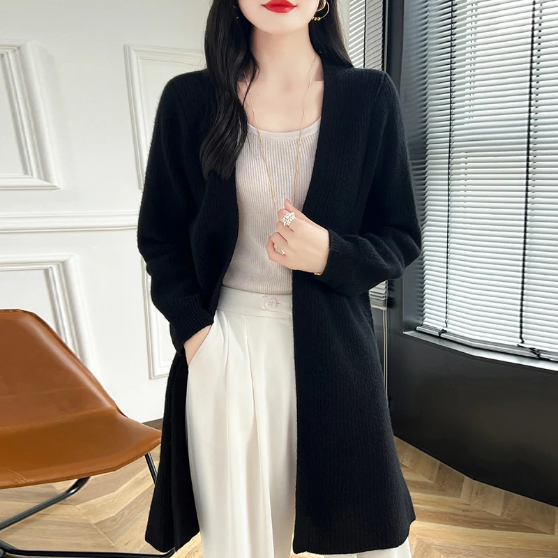 Loose Cardigans 100% Wool Knitted 2024 Autunmn/Winter Cashmere Sweaters Women Ladies Jumpers Warm Clothes