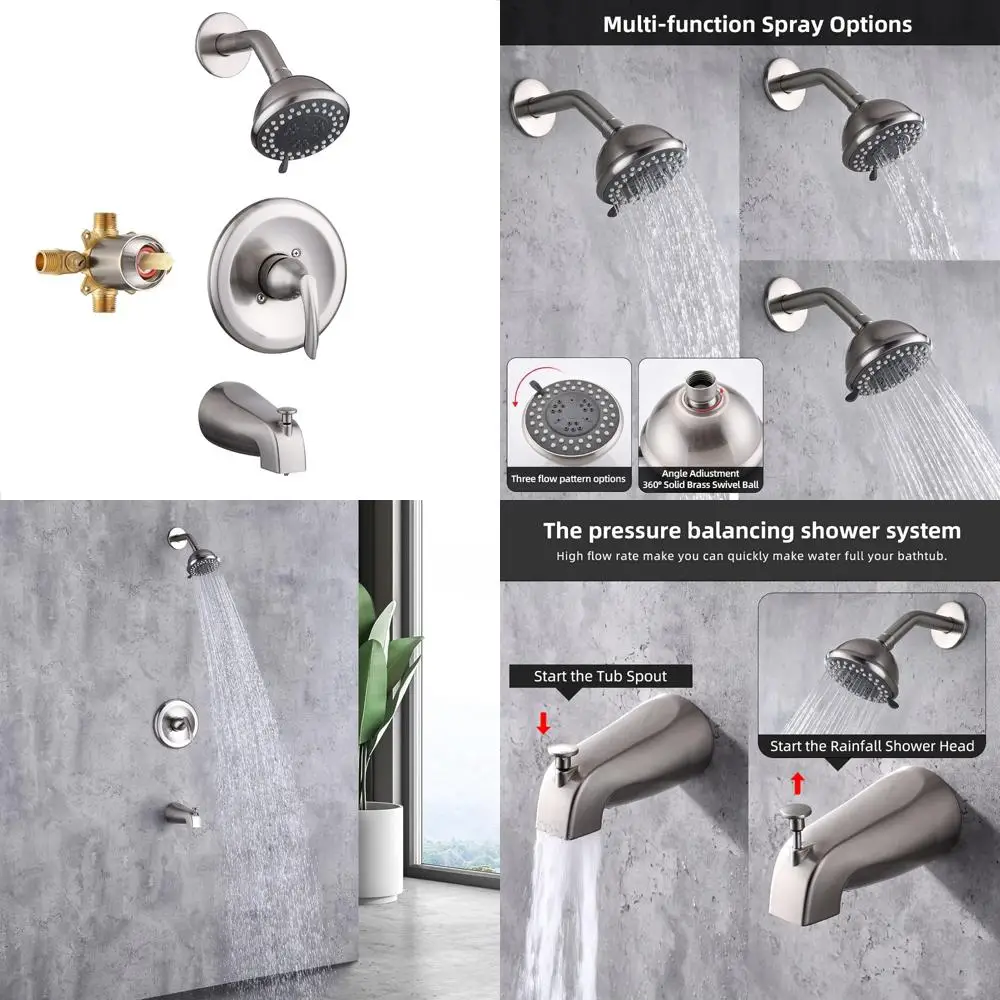 

Wall-Mounted Dual Function Shower Set with Tub Spout, Single Handle, Includes Rough-In Valve, Fixtures for Modern Bathrooms