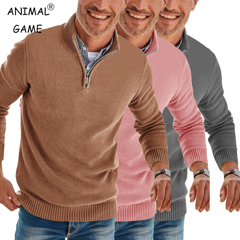 

Мужской свитер на молнии с длинным рукавом, приталенный пуловер с воротником-стойкой, повседневный вязаный свитер-поло, зимняя теплая водолазка, пуловер, свитер