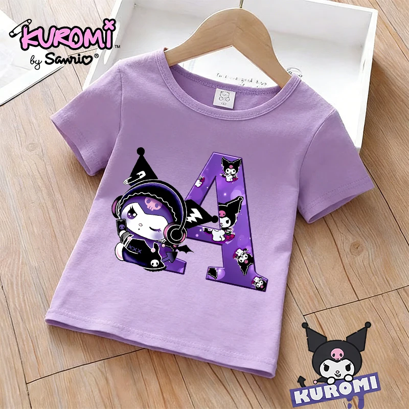 

Sanrio Kuromi T-shirt Children Kawaii Short Sleeves Cartoon Letter Purple T Shirt Baby Cotton Tees Girl Tops Kid Summer Clothes
