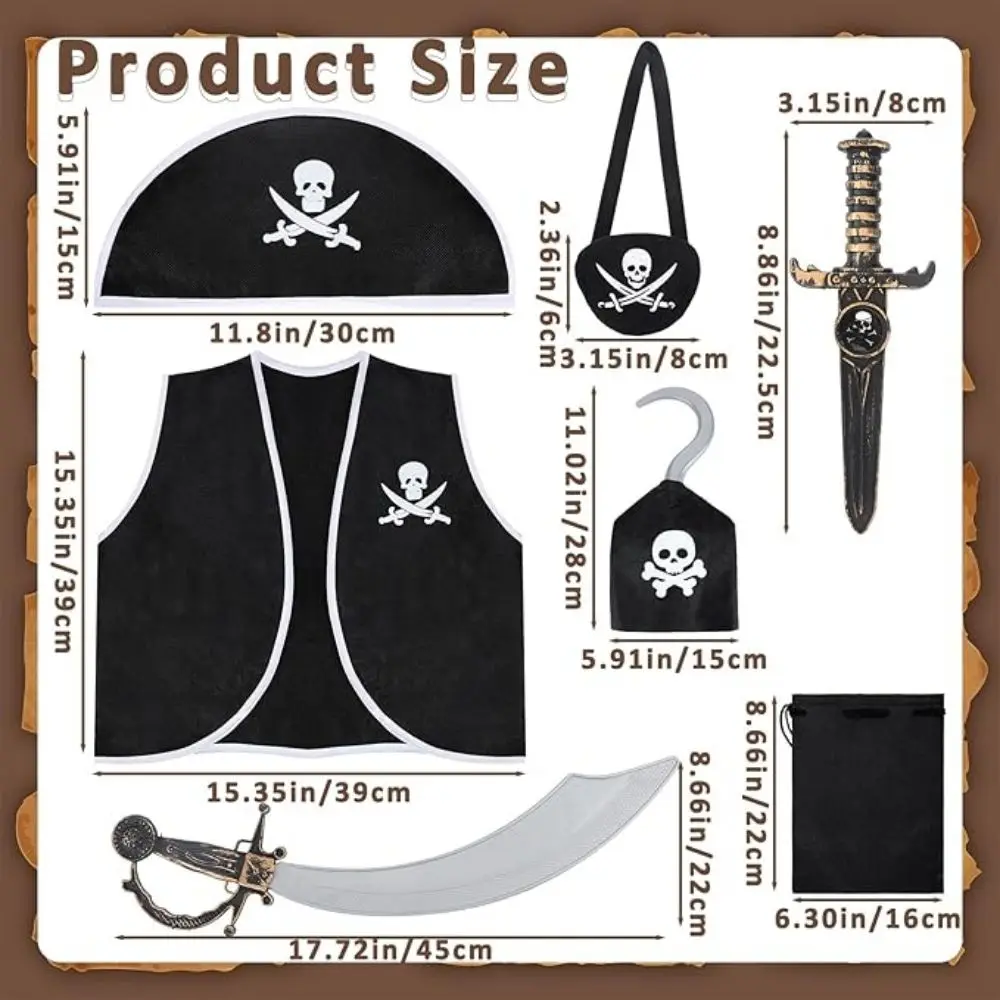 Bencailor 7 Pcs Halloween Kids Pirate Costume Accessories Set Pirate Role Play with Sword Dagger Vest Hat Eye Patch Hooks Boy