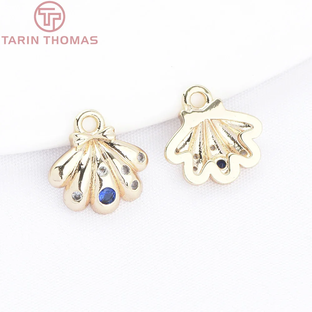(9947)6PCS 10MM 24K Gold Color Brass with Blue Zircon Shell Shaped Pendants High Quality DIY Jewelry Making Findings Accessories